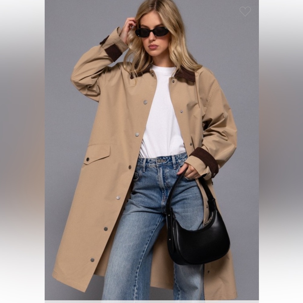 Active Basic Beige Trench Coat with Dark Brown Details